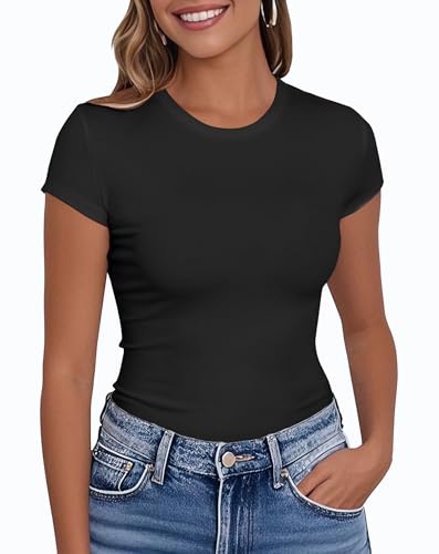 PALINDA Women's Short Sleeve Crew Neck Fitted Shirts Basic Casual Stretchy T Shirt Workout Tops