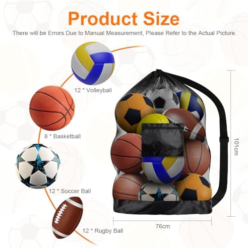Sac à Ballons De Sport Grand Format – Filet Robuste Avec Bandoulière, 8-12 Ballons Foot/Basket/Volley/Rugby