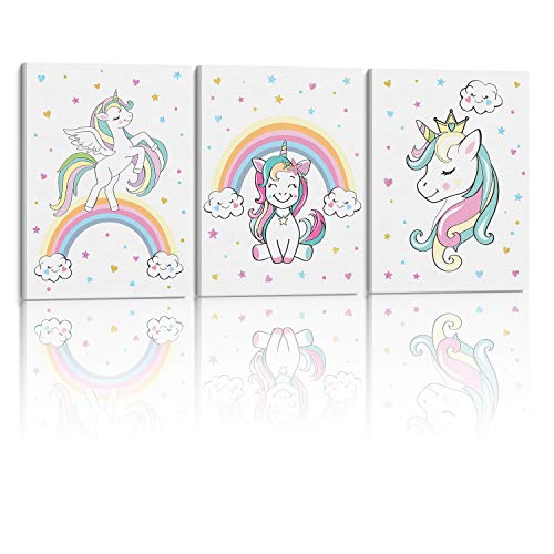 Something Unicorn - Stretched/Framed, Ready to Hang Canvas Unicorn Wall Art for Girl's Bedroom. Super Cute Pastel Color Unicorn Prints with Real Glitter for Girls Bedroom Decor. Set of 3. 12x16in