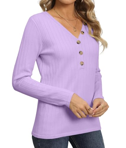 Image of DB MOON Womens Sweater V Neck Long Sleeve Ribbed Button Knit Solid Color Soft Top
