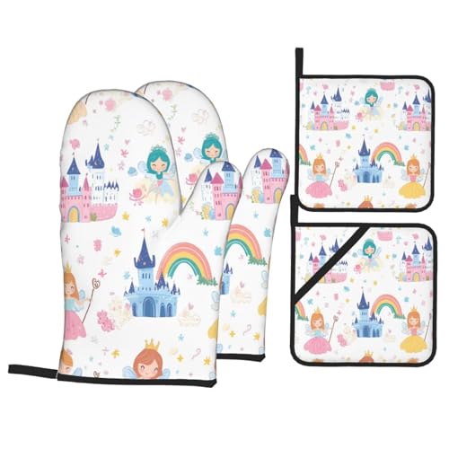 Cartoon Princess - Juego de 4 manoplas de horno y soportes para ollas, resistentes al calor, bonitos guantes de horno y almohadillas calientes para hornear, cocinar, asar a la parrilla