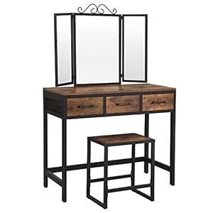 VASAGLE Kaptafel met kruk, Dressing Table met 3-delige klapspiegel en 3 lades, stalen frame, vintage bruin-zwart RVT02BX