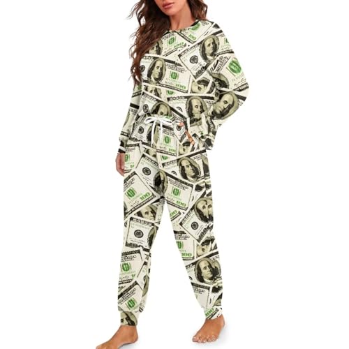 Image of Womens Lounge Set Long Sleeve Soft Pajama Sets Casual 2 Piece Pj Outfit Crewneck Sleepwear with Pockets Plus Size