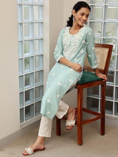 Image of Libas Womens Embroidered Viscose Straight Kurta for Women | Ethnic wear | Bridal Suit | Wedding Dress | Occasion wear