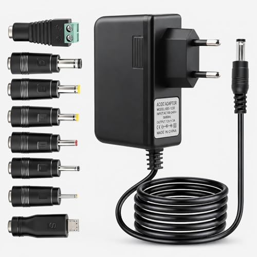 Adaptateur Secteur 12V 3A 36W, Alimentation Universelle AC/DC 100-240V vers DC 12V, Chargeur avec 8 Embouts 5,5x2,1mm, Transformateur Stable pour Ruban LED, Routeur, Caméra CCTV, Box TV, Moniteur