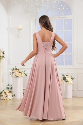 Women's V Neck Chiffon Bridesmaid Dresses with Slit Ruffle Long Pleated Formal Wedding Guest Dress4
