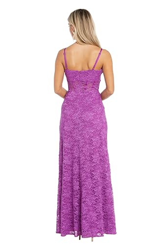Image of Long Lace Corset Gown W /Illusion Scallop Bodice, Spaghetti Straps & High Slit