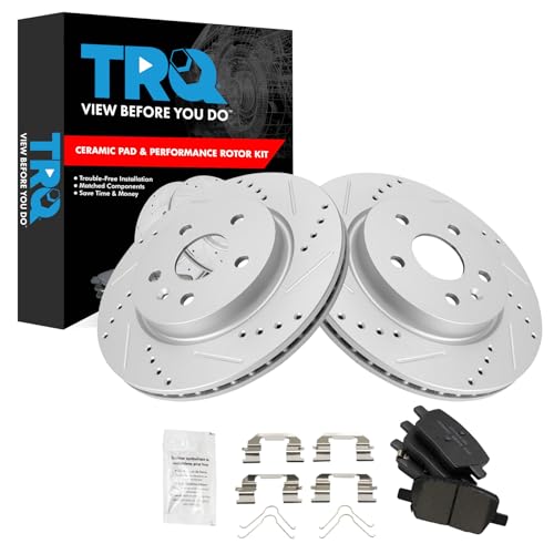 Image of TRQ Performance Rear Ceramic Brake Pad and Rotor Set Drilled Slotted Coated Compatible with 17-19 Chevrolet Camaro Brake Code JL9 RPO Code J55 Heavy Duty Brakes without Brembo Package