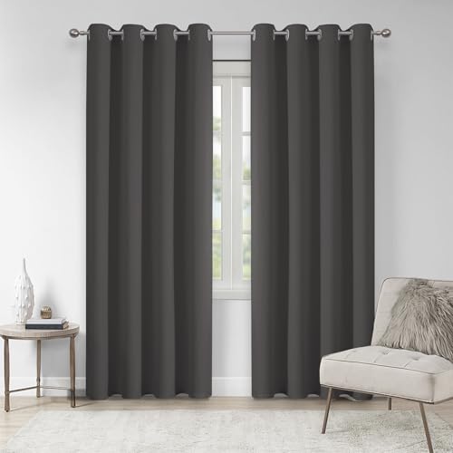 VEHEDE Solid Dark Grey Thermal Insulated Eyelet Blackout Curtains, Soft Living Room & Bedroom Curtains, W55 x L83 Inch, 2 Panels