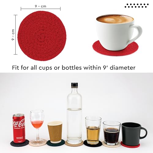 Image of Encasa XO Drink Coasters Set of 6 | Red with Round (9 cm) | Handcrafted Ribbed Cotton | Absorbent & Heat-Resistant | Use for Tea, Coffee Table & Desk