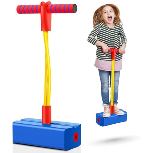 Image of CRIYALE Pogo Stick Toys for Boys Girls, Indoor & Outdoor Bouncing Jumper for Toddlers Age 3 and Up Garden Toys, Safe & Durable Foam Bungee Jumping Stick Makes Squeaky Sounds Improves Balance (Blue)