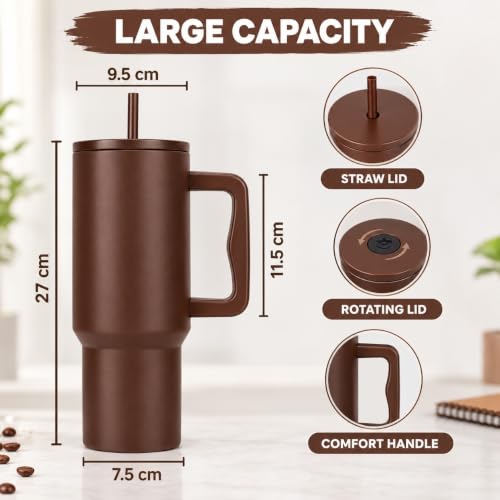 Image of CYNVEXA Tumbler with lid and Straw 1200ML Cup Stainless Steel Vacuum Insulated Tumbler for Water, Iced Tea or Coffee 1.2L Office Gym Travelling (Brown)