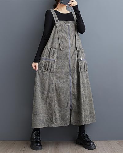 Image of ellazhu Women's Dress Coat Strap Shoulder Zipper Two Side Pockets Flowy Hem Solid Color Loose Oversize GZ279