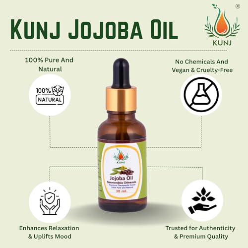 Image of KUNJ Jojoba Oil (Simmondsia chinensis) 30ML - 100% Pure & Natural, Cold Pressed, Undiluted - Therapeutic Grade Carrier Oil for Skin Care, Hair Nourishment & Hydration
