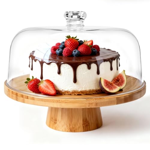 Masthome 6-in-1 Multifunktionaler Tortenständer aus Bambus mit Plastik-Abdeckhaube und Standfuß Verwendbar als Unterteilte Servierplatte und Salatschale für Kuchen Obst Snacks und Nüsse