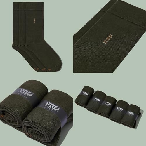 VRD Bamboo Mens Dress Socks for Men, 5-Pack, Green, Khaki, Olive Crew Length Mid-Calf Socks, Mens Shoe Size 8-133