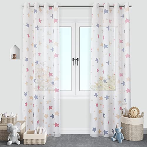Dalina Textil   Cortinas Translúcida Infantiles Niño Dos Panel de 140x260cm  Cortina Visillo Juveniles Estampado de Estrellas para Habitación Sala de Estar 2 Pieza