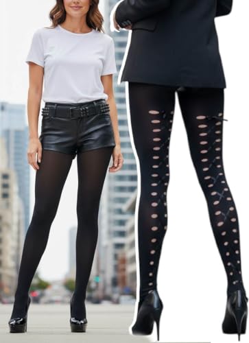 Image of ToBeInStyle Women's Lace Up Back Seam Tights Sheer or Opaque Hosiery Stockings Crisscross Lace Ribbon Zigzag Design