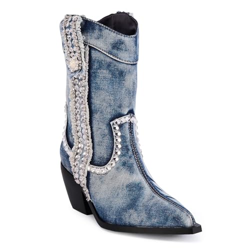 Women Denim Rhinestones Cowboy Mid Calf Boots Almond Pointed Chunky Block Heel Sparkly wide calf Western Boots