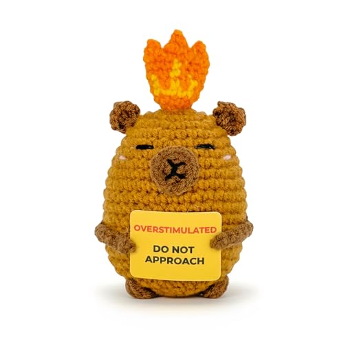 Overstimulated Do Not Approach Desk Sign Handmade Crochet Capybara Plush with Card Mini Desk Decor with Wooden Stand Gift-Ready Organza Bag Funny Office Cubicle & Home Office Gift