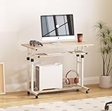 Dripex Schreibtisch höhenverstellbar, Computertisch mit Rollen, Schreibtisch klein auf Rollen, platzsparender Laptoptisch mit Tastaturauszug und Regal, PC Tisch klein für Home Office,Oak