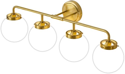 Vista 179 de Lámparas doradas para tocador de baño, modernas luces de latón de 3 luces con pantalla de bola de vidrio transparente, luces de tocador de granja