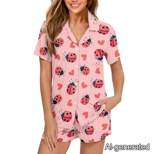 Image of Renewold Women's Short Sleeve Pajama Set Button Down Sleepwear with Notch Collar Soft Lounge Top and Shorts with Pockets