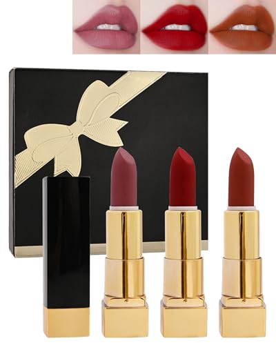 Lippenstift Matt Set-3 Farben Christmas Rose Rot Nude Lipstick Geschenkset, Wasserdicht Langanhaltender Weiche Samtige Lippenstift Für Frauen, Nudetöne Lippenstifte Frauentag Muttertag Make-Up Set