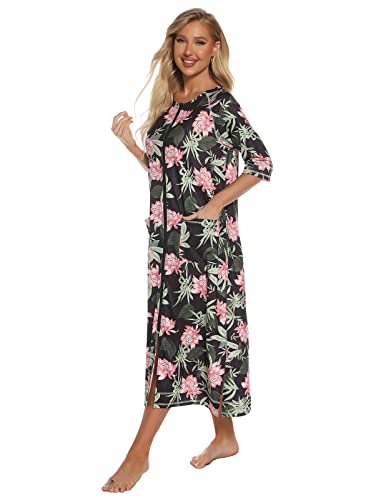 Image of Veseacky Women Robe Zipper Front House Coat 3 /4 Sleeve Nightgown Full Length Ladies Lounge Dress with Pockets S-XXL