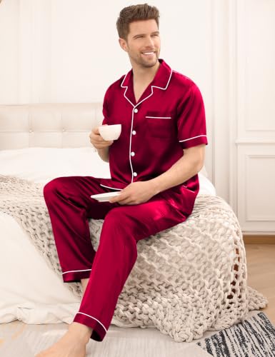 Image of SWOMOG Mens Satin Pajama Set Short Sleeve Classic Sleepwear Button Down Silky Loungewear with Long Pants
