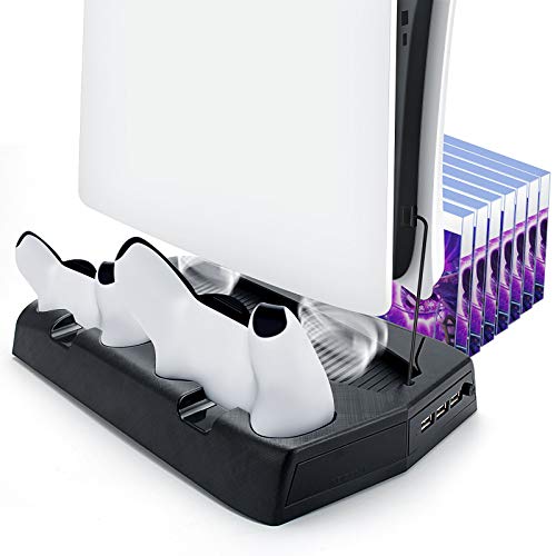 Stand with Cooling Fan and Dual Controller Charger for PS5, KRX All-in-One Design Accessories for Playstation 5 Digital Edition & Dualsense, Console System Charging & Cooling Station for PS5