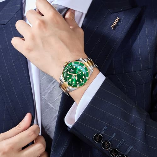 Image of OLEVS Watches for Men Classic with Date Business Dress Luxury Big Face Green /Black /Blue Waterproof Luminous Mens Wristwatch Analog Two Tone Stainless Steel Male Watch