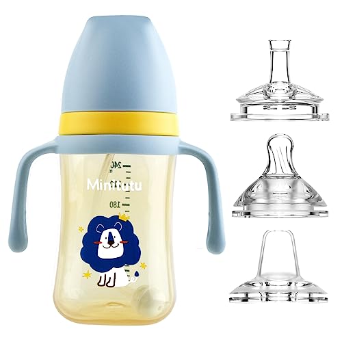 3 in 1 Baby Cups & Sippy Cup with Straw and a Spout 240ML, Toddler Drinks Water Bottles Trainer Cup with Handles for Babies 6 12 Months(One Cup with 3 Nipples) (Blue)