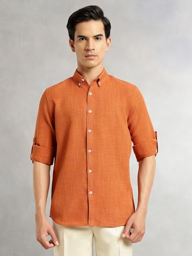 Image of Thomas Scott Men's | Solid | Textured Fabric | Full Sleeve | Slim Fit | Polyester-Blend | Spread Collar | Casual Shirt