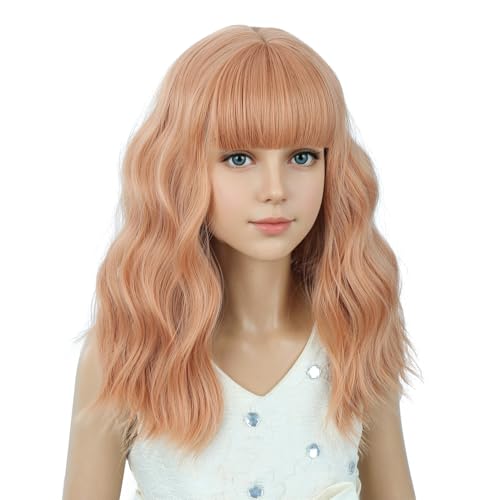 Image of PATTNIUM Light Orange Wig for Kids Girls Short Orange Curly Wigs with Bangs Shoulder Length Wavy Heat Resistant Synthetic Wig