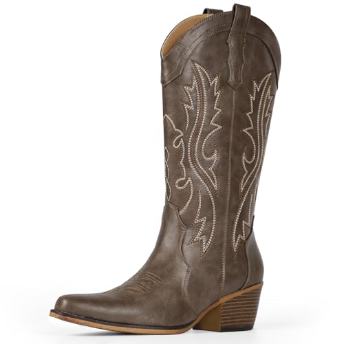 Image of IUV Cowboy Boots For Women Western Cowgirl Boots with Chunky Heel Mid Calf Snip Toe Ideal for low insteps