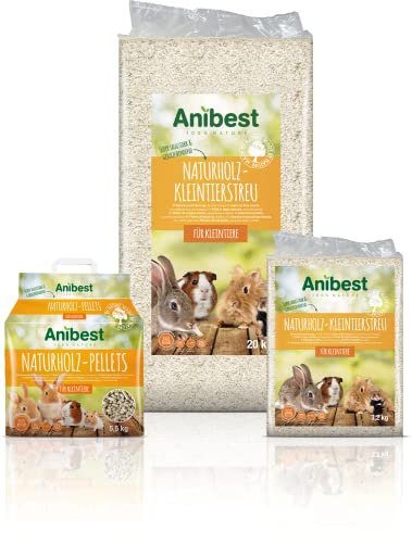 Anibest Kleintierstreu, 100% natürliche Einstreu für Kaninchen, Hamster, Meerschweinchen & Co, saugfähige Weichholzspäne, staubfrei & geruchsbindend, 3,2 kg/ 60 l