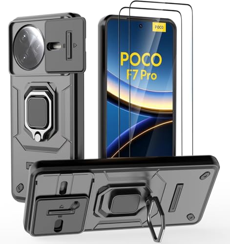 DERHAN Funda para Poco F7 Pro 5G, Funda Resistente con Cristal Templado [2 Piezas] + Cubre Cámara [Protección de Cámara], Carcasa Antigolpes Bumper con Soporte - Negro