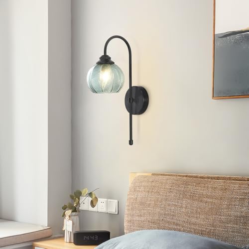 Image of KCO Lighting Mid Century Modern Wall Sconce Matte Black Vintage Bathroom Light Fixture Green Glass Globe Wall Light Hallway Indoor Sconces Wall Lighting Set of 2