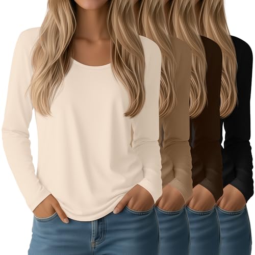 4 Pack Women's Long Sleeve Scoop Neck Tops