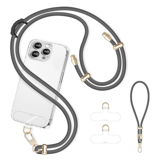 Derraffina Cell Phone Lanyard Adjustable Crossbody Phone Lanyard *1 Phone Wrist Strap *1 with Deluxe Gold Matal Buckle + Clear Tether Tabs *2 for Shopping Travelling Hiking BLACKGRAY