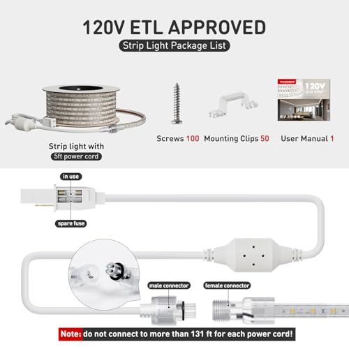 Image of Shine Decor LED Strip Light Easy Connectable, 6000K Cool White Cold Resist Weatherproof Plug-in for Indoor Outdoor, 101 LM /FT Dimmable Bright Eco Rope Lighting 82FT, 120V Whole Set ETL Listed