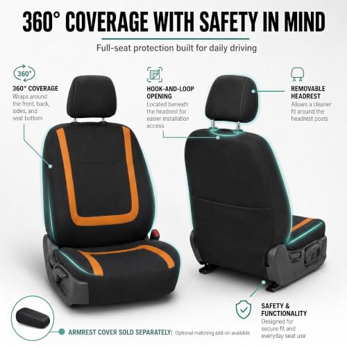 Image of FH Group Car Seat Covers Front Set in Cloth -Car Seat Covers for Low Back Car Seats with Removable Headrest,Universal Fit,Automotive SeatCovers,Washable Car SeatCover for SUV,Sedan,Van Orange