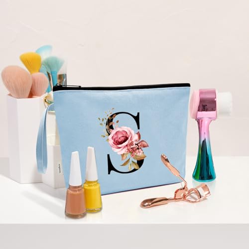 Image of Vavabox A-Z Personalized Makeup Bag, Birthday Gifts for Women Mom, Gifts for Best Friend, Bride Bridesmaid Cosmetic bag (S, Blue)