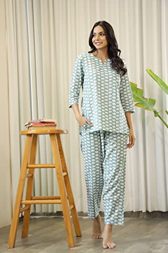 Image of SANSKRUTIHOMES Women's Premium 100% Cotton Printed Co-Ord Set | Short Sleeve Shirt & Pant Set | Pink Checkered Sun & Palm Tree Print | Casual Summer Resortwear, Vacation Wear & Comfortable Loungewear