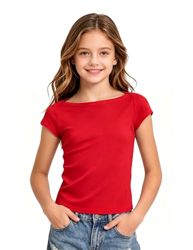 NUMYEAN Short Sleeve T-Shirts for Girls Boat-Neck Shirts Slim Fit Summer Tops Clothes Basic Tee Red Size 11-12 Years