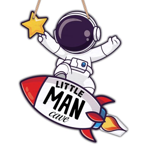 Image of Space Decor for Boys Room Little Man Cave Sign Space Themed Bedroom Decor Space Astronaut Door Sign Hanging Decor for Baby Boys Room Nursery Playroom Wall Decorations Christmas