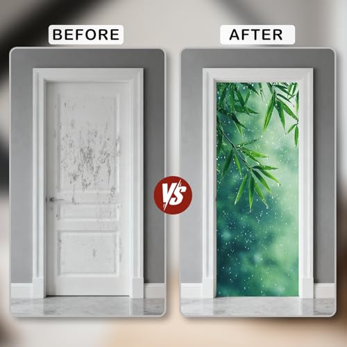 Image of Nuxovilar Bamboo Leaf Door Stickers Peel Stick PVC 30.3x78.7 in Cover | Door Stickers Wall Decals Peel Stick Cover Vinyl Art Poster Bedroom Living Room (Bamboo Leaf Rain)