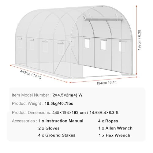 VEVOR Walk-in Tunnel Greenhouse, 14.6x6.4x6.3 ft Hoop House Greenhouse Tunnel, Plant Hot House with Galvanized Steel Frame, White PE Cover, Roll-up Zipper Door and 8 Windows for Outdoor - Image 7
