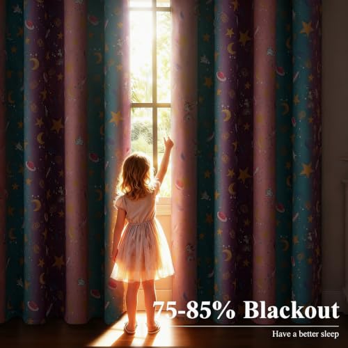 Image of Pink Purple Teal Unicorn Blackout Curtains 96 Inch Length for Kids Bedroom